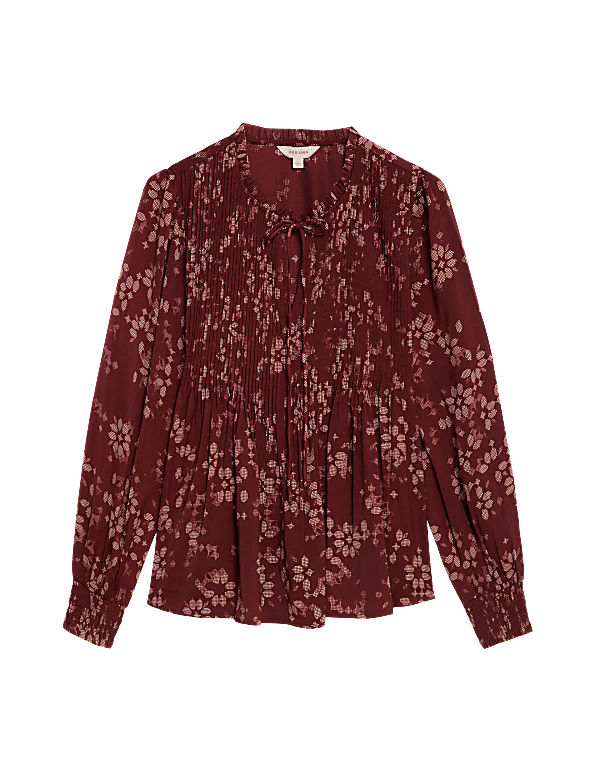 Satin Printed Pleated Tie Neck Blouse