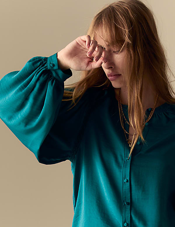 Satin Collarless Button Through Blouse