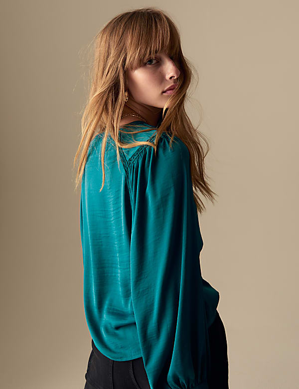 Satin Collarless Button Through Blouse