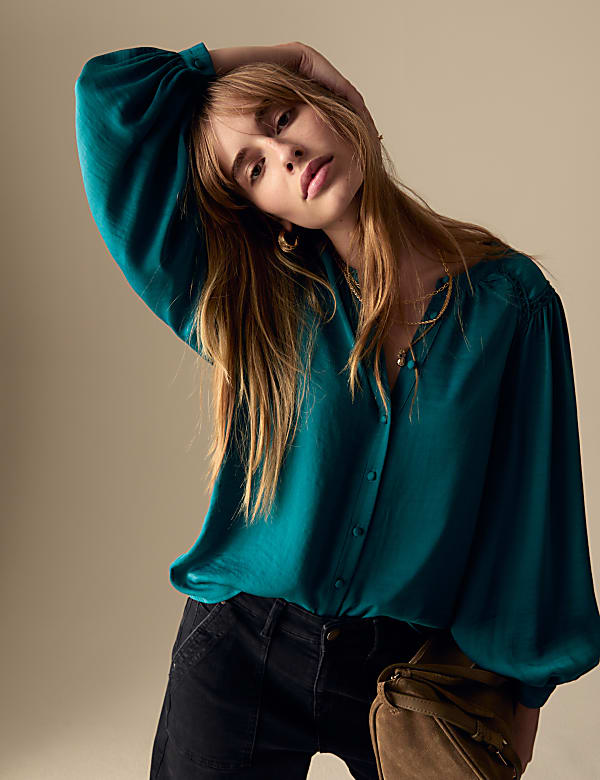 Satin Collarless Button Through Blouse