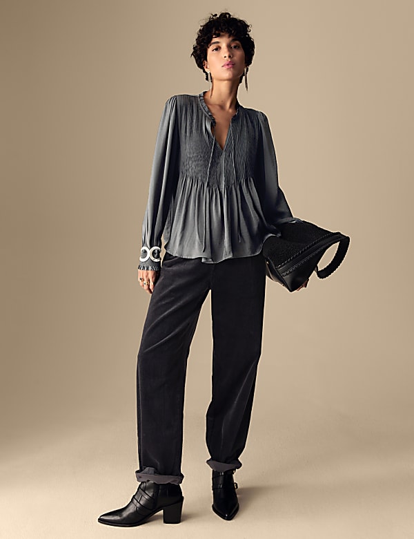 Satin Tie Neck Blouson Sleeve Blouse