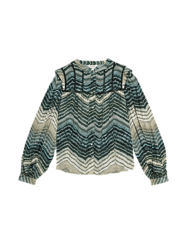 Satin Printed Button Through Blouson Sleeve Blouse