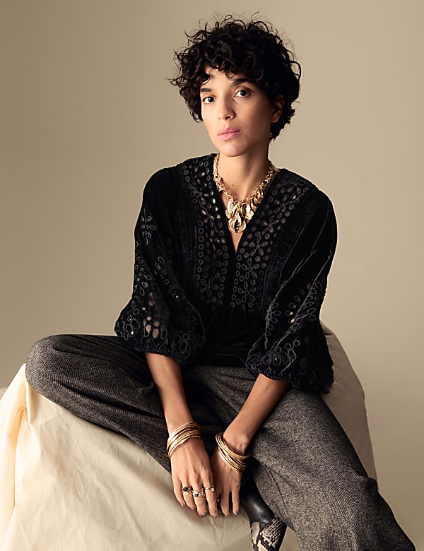 Velvet Broderie V-Neck Blouse