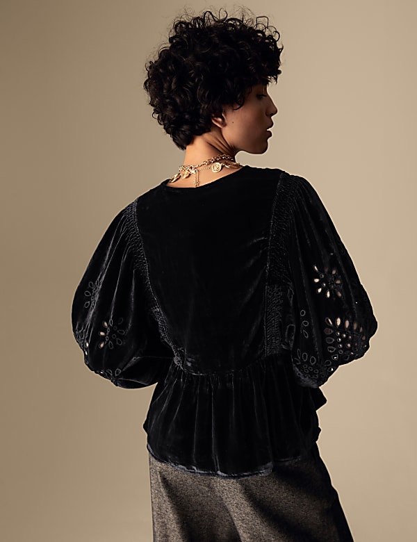 Velvet Broderie V-Neck Blouse