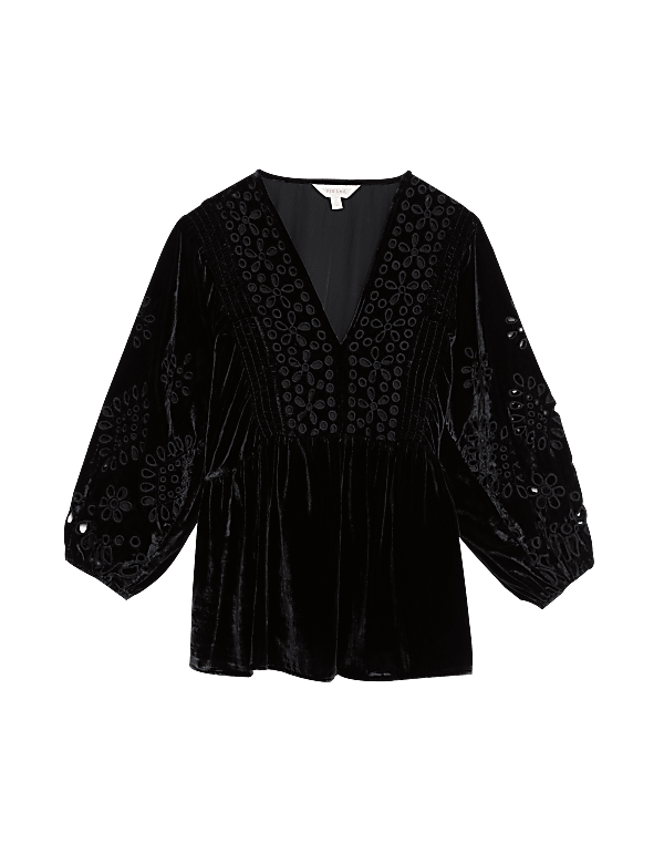 Velvet Broderie V-Neck Blouse