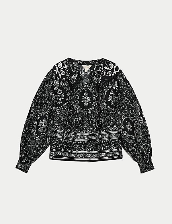 Printed V-Neck Blouson Sleeve Top - CY