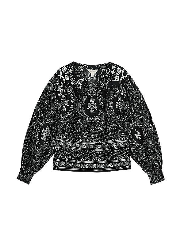Printed V-Neck Blouson Sleeve Top