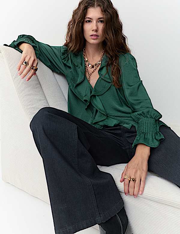 V-Neck Ruffle Pintuck Blouse - BE