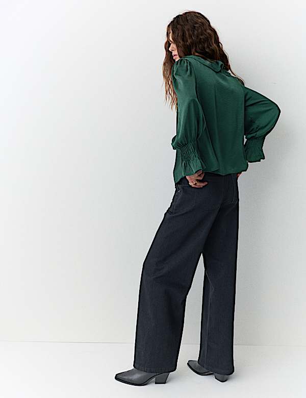 V-Neck Ruffle Pintuck Blouse - BE