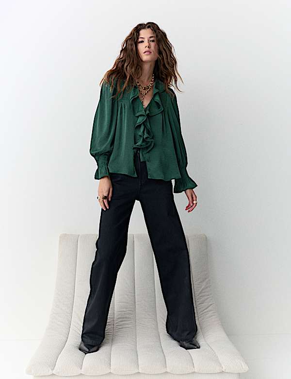 V-Neck Ruffle Pintuck Blouse - BE