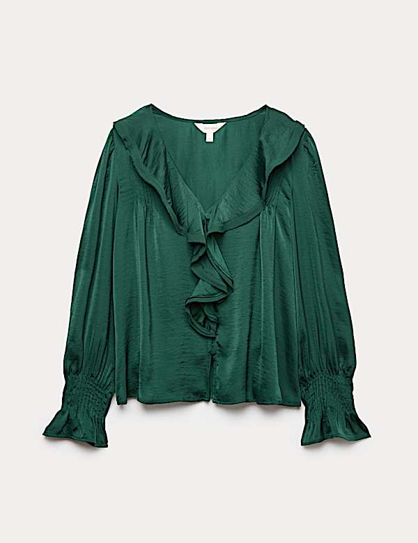 V-Neck Ruffle Pintuck Blouse - BE
