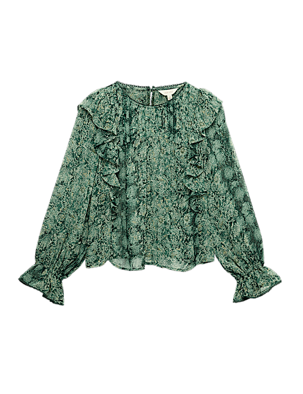 Sheer Printed Ruffle Blouse