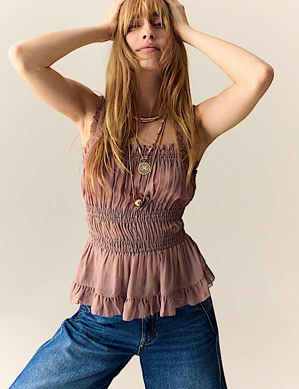 Sheer Shirred Ruffle Cami Top - UA