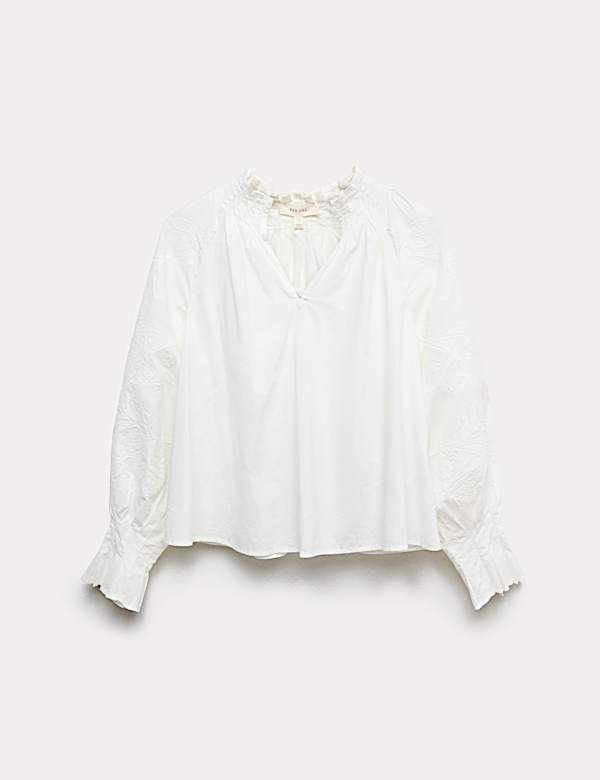 Pure Cotton V-Neck Cornelli Sleeve Blouse - HR
