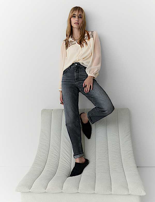 Beaded Yoke Tie Neck Blouson Sleeve Blouse