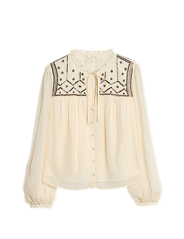 Beaded Yoke Tie Neck Blouson Sleeve Blouse