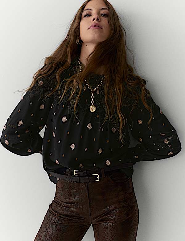 Jacquard Metallic Shirred Yoke Blouse - NZ