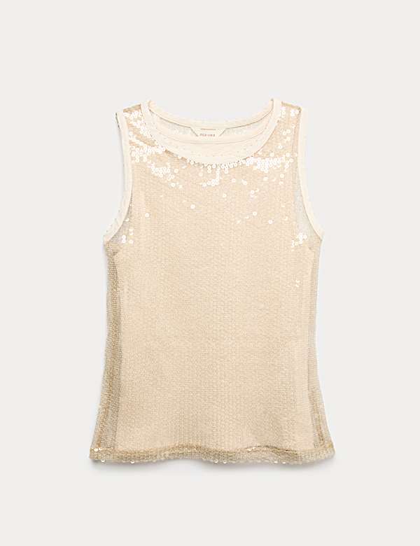 Sheer Sequin Embellished Fitted Vest with Rib Top - US