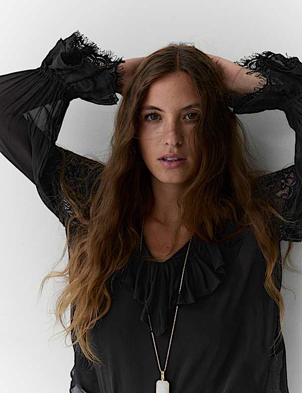 Lace Detail V-Neck Ruffle Blouse