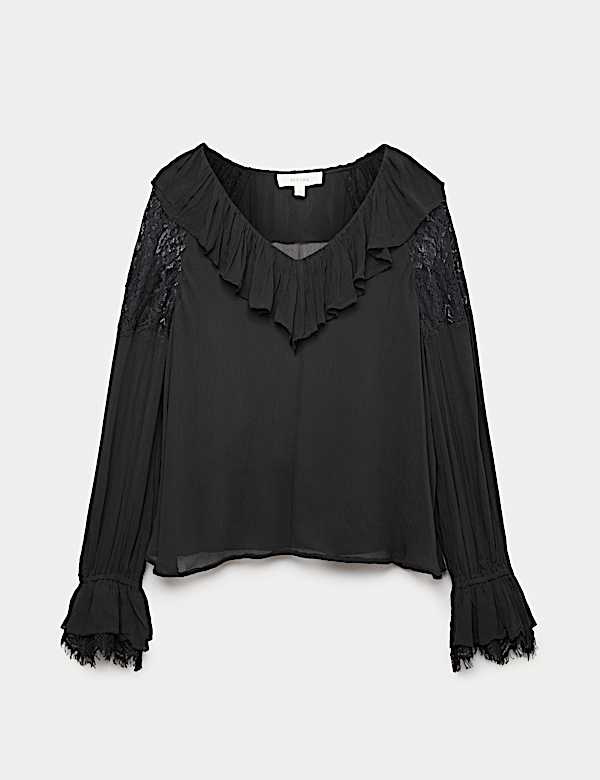 Lace Detail V-Neck Ruffle Blouse - ES