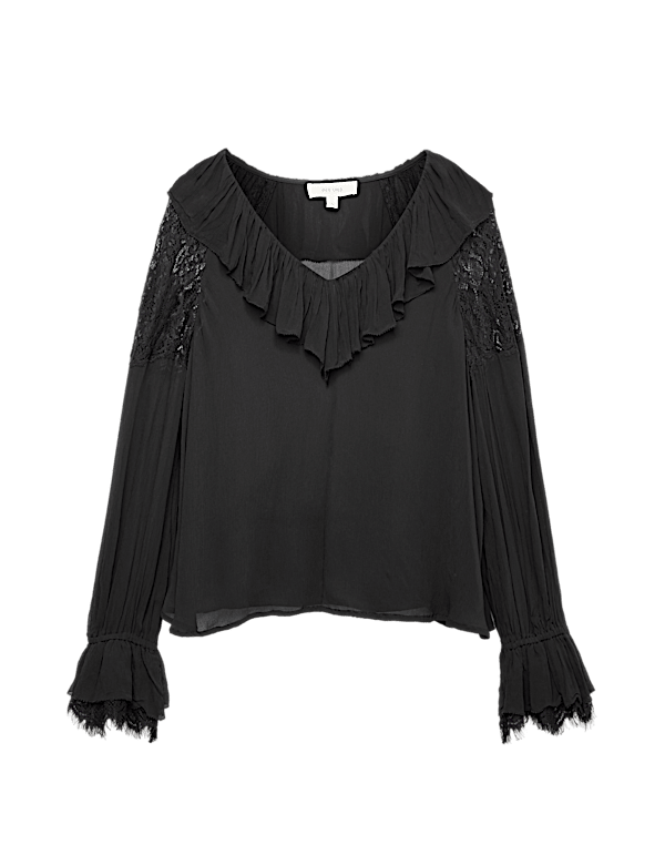 Lace Detail V-Neck Ruffle Blouse