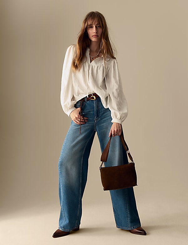 Textured Tie Neck Blouson Sleeve Blouse