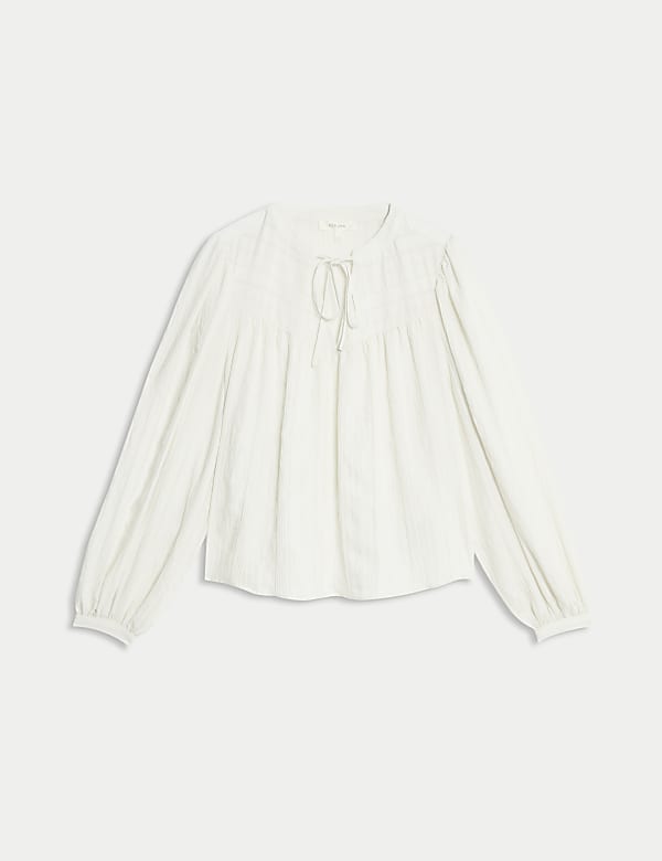 Textured Tie Neck Blouson Sleeve Blouse - LT