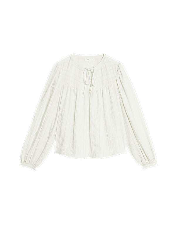 Textured Tie Neck Blouson Sleeve Blouse