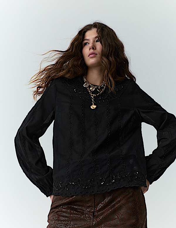 Pure Cotton Lace Embellished Relaxed Blouse - AL