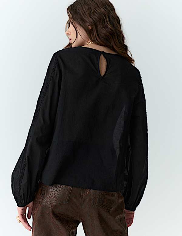 Pure Cotton Lace Embellished Relaxed Blouse - AL