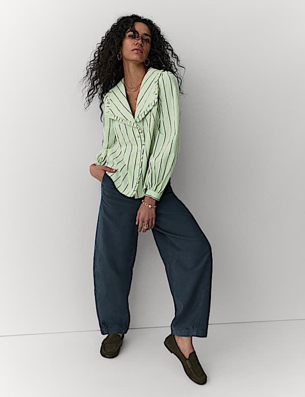 Cotton Blend Striped Frill Collar Shirt - US