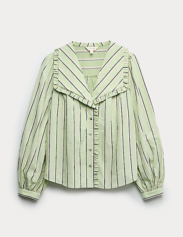 Cotton Blend Striped Frill Collar Shirt - US