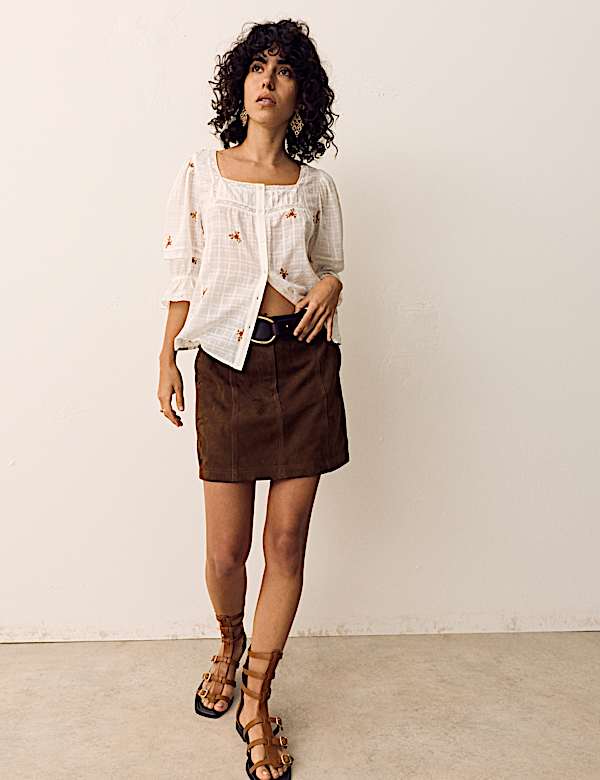 Cotton Rich Embroidered Square Neck Lace Detail Blouse - CH