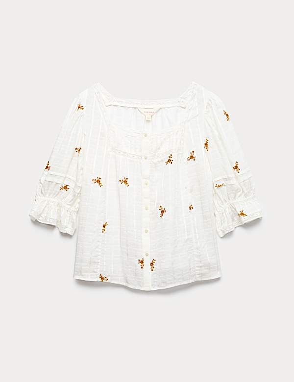 Cotton Rich Embroidered Square Neck Lace Detail Blouse - CH