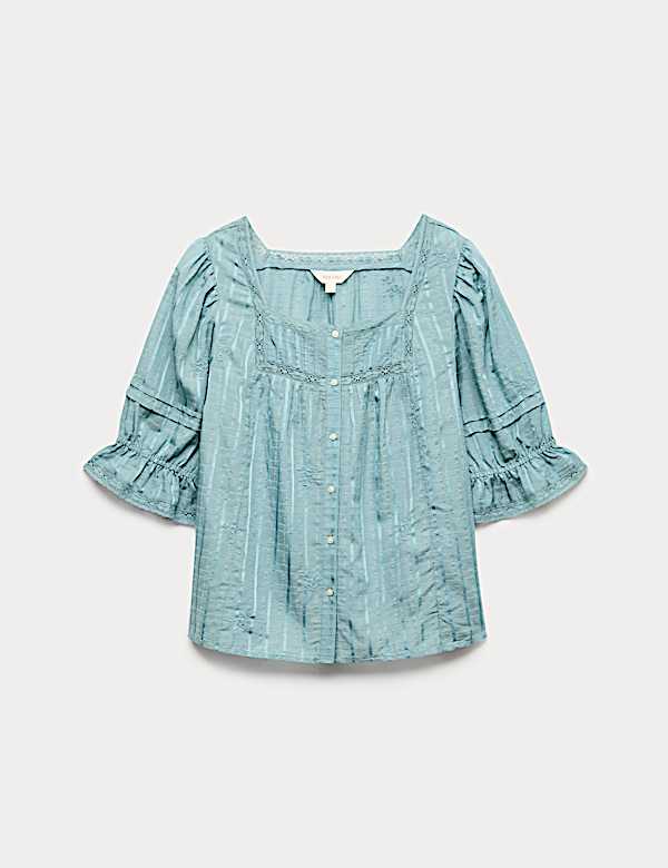 Chemisier en coton brod&eacute; &agrave; encolure carr&eacute;e et d&eacute;tail en dentelle - FR