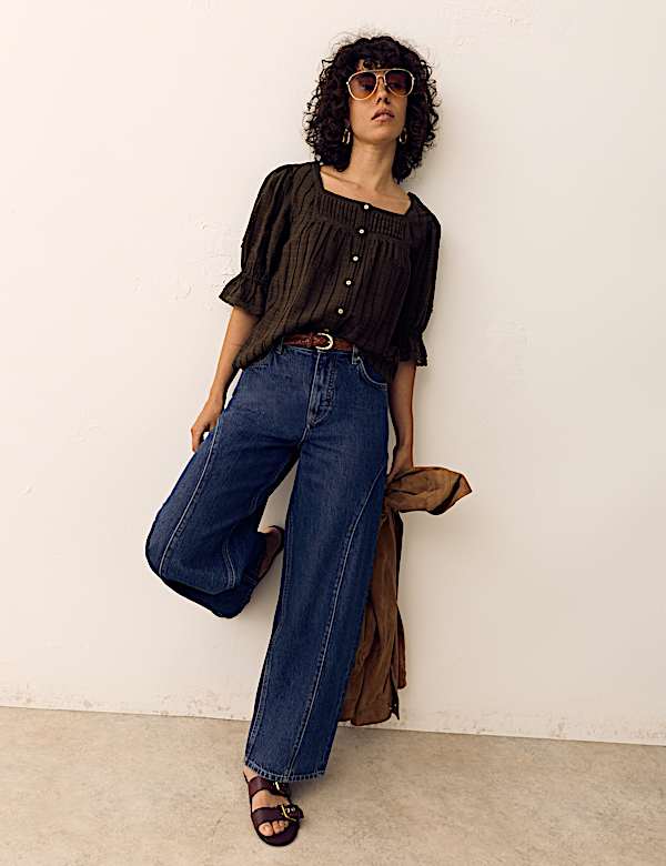 Cotton Rich Embroidered Square Neck Lace Detail Blouse - IS