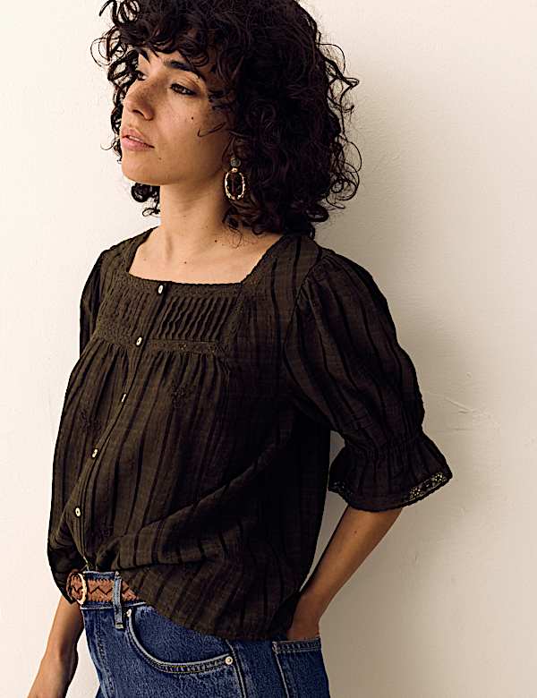 Cotton Rich Embroidered Square Neck Lace Detail Blouse - IS