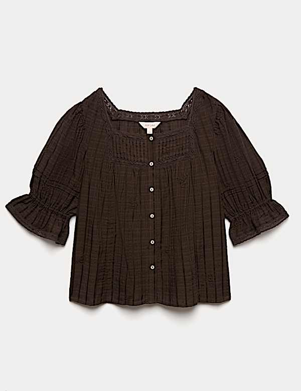 Cotton Rich Embroidered Square Neck Lace Detail Blouse - IS