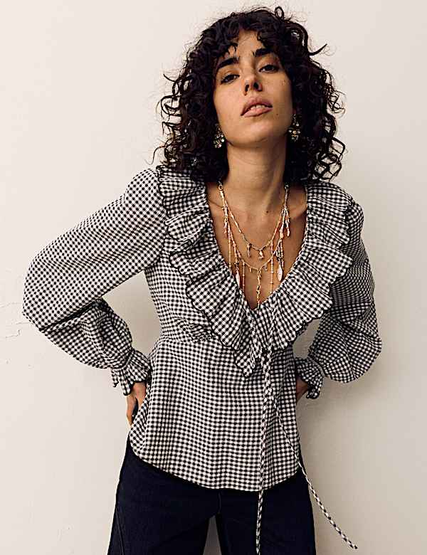Blouse en coton &agrave; col &agrave; volant et carreaux Vichy - LU