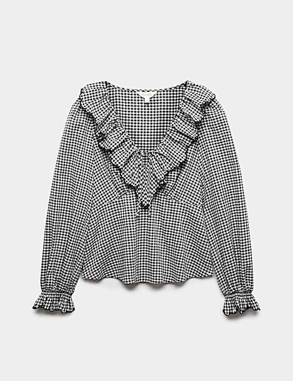 Blouse en coton &agrave; col &agrave; volant et carreaux Vichy - LU