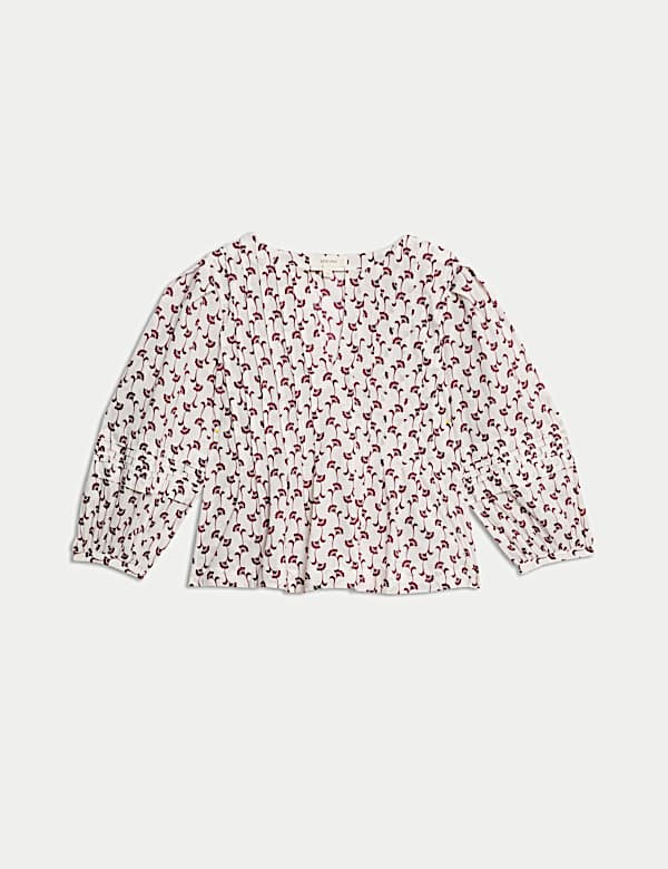 Pure Cotton Printed V-Neck Pintuck Blouse - FI