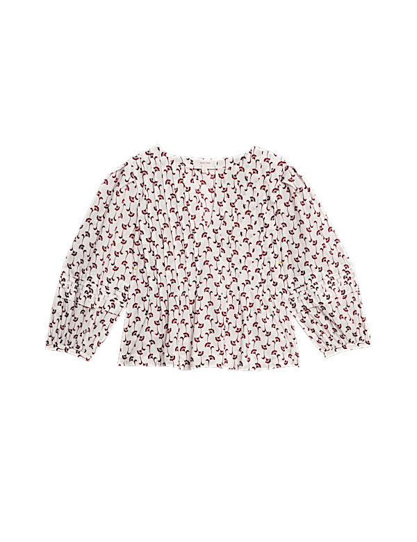 Pure Cotton Printed V-Neck Pintuck Blouse