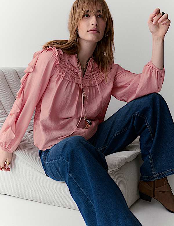 Ruffle Detail Tie Front Blouse | ROSE PINK | Blouses | M&S JE