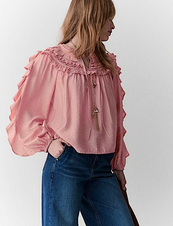 Ruffle Detail Tie Front Blouse - NL