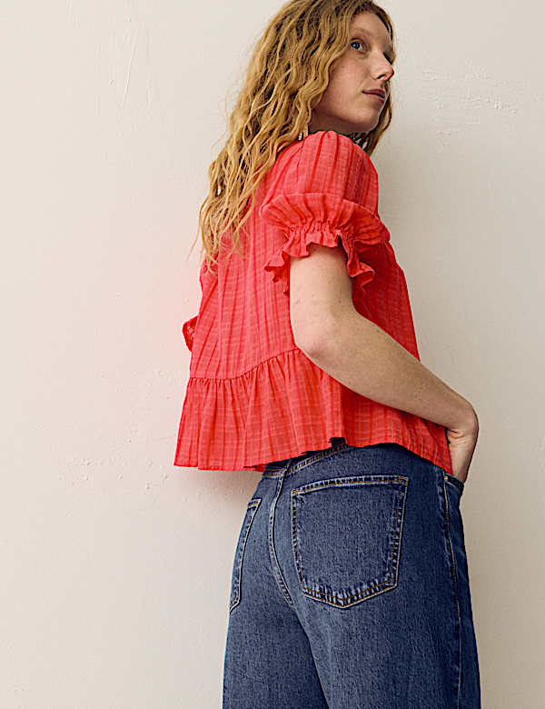 Cotton Rich Embroidered Yoke Tie Neck Blouse - DK