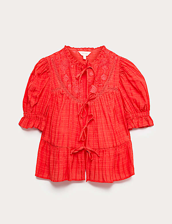 Cotton Rich Embroidered Yoke Tie Neck Blouse - DK