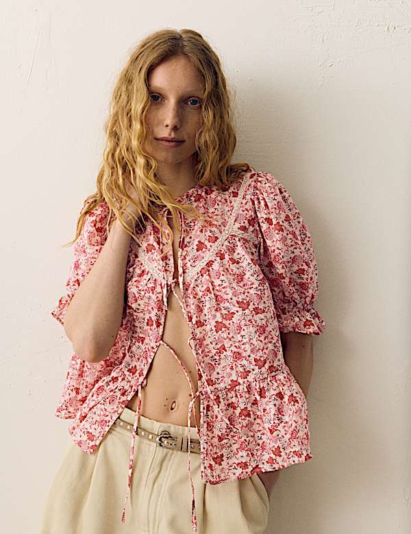 Cotton Rich Printed Tie Front Blouse
