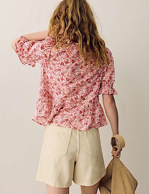 Chemisier imprim&eacute; en coton &agrave; nouer sur le devant - CH