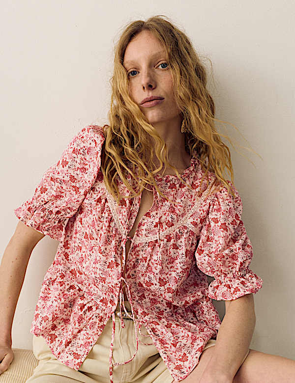 Chemisier imprim&eacute; en coton &agrave; nouer sur le devant - CH