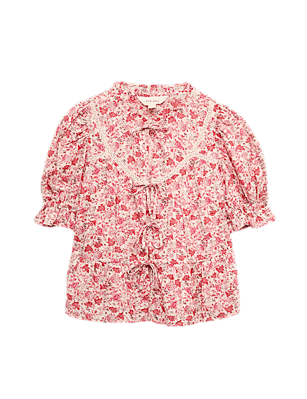 Cotton Rich Printed Tie Front Blouse